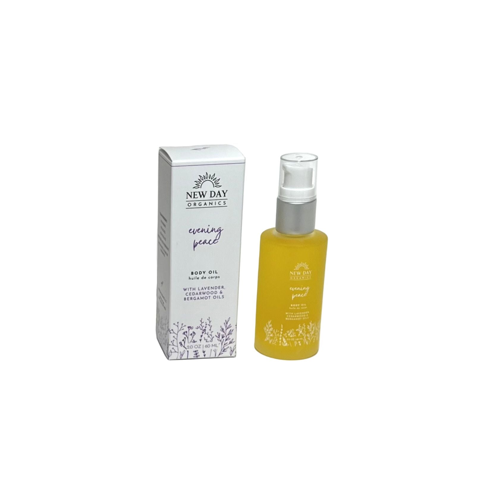 New Day Organics evening peace body oil and packaging on a white background