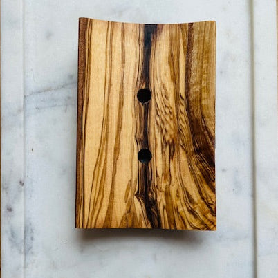 olive wood soap dish with 2 draining holes