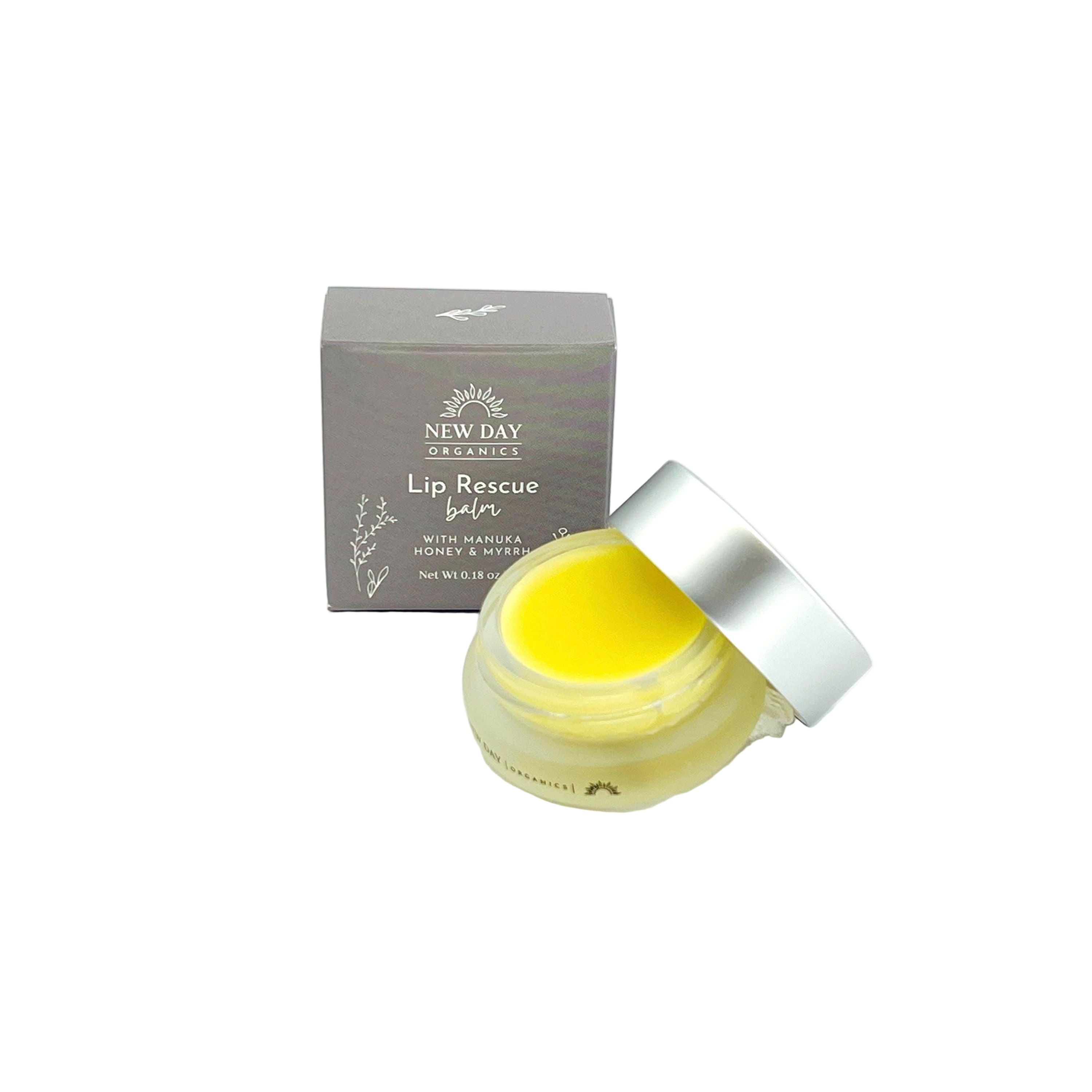 Lip rescue balm with packaging on a white background