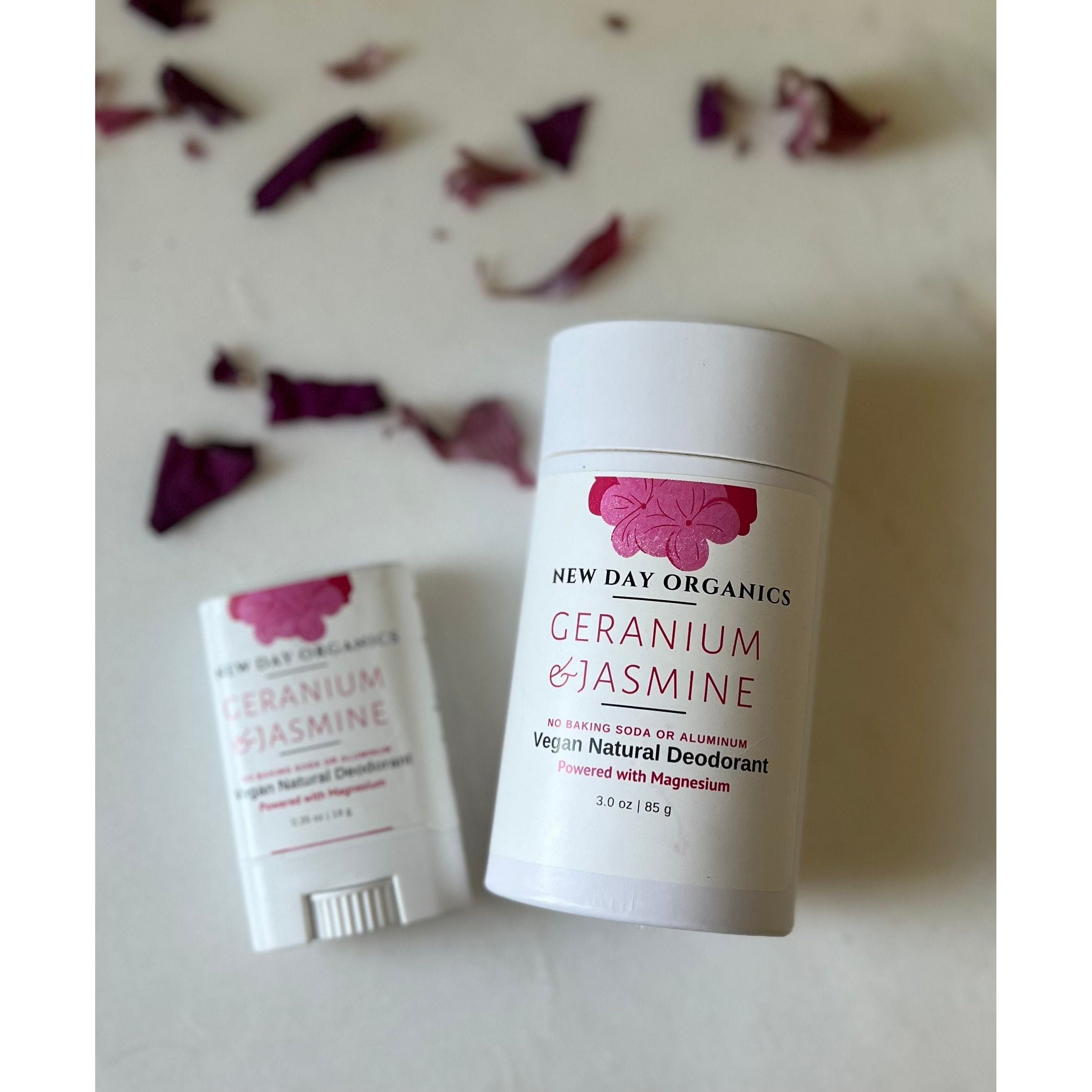 New Day Organics Geranium & Jasmine deodorant on a light background