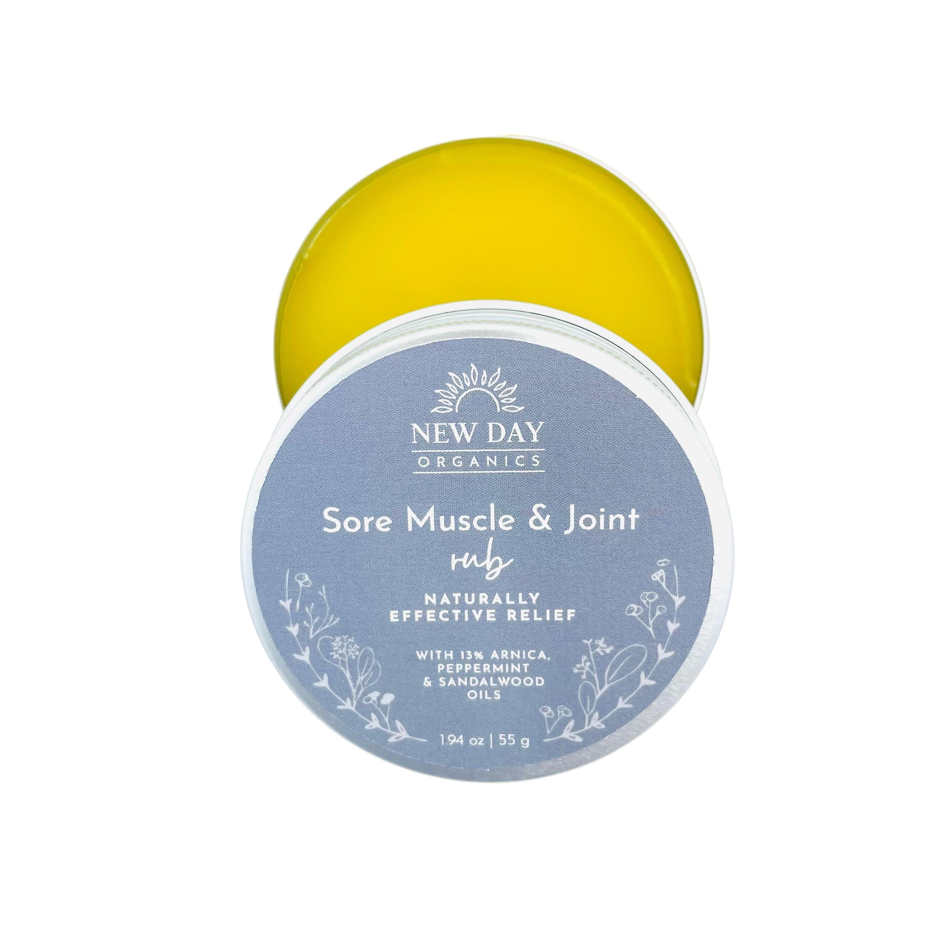 New Day Organics sore muscle and joint rub on a white background