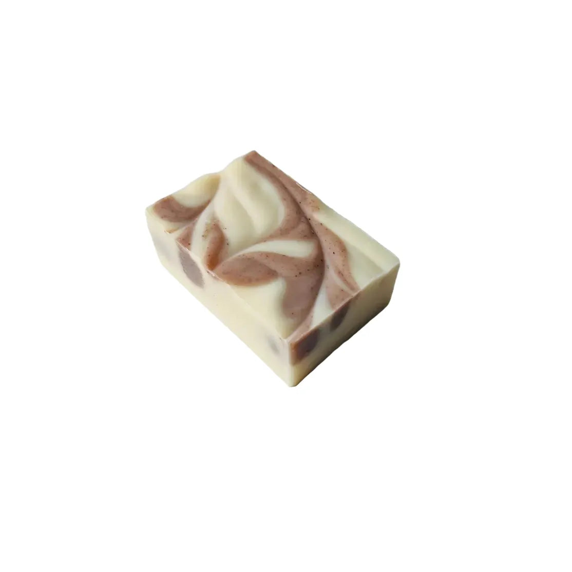 Bar of soap with a brown swirl pattern on a white background